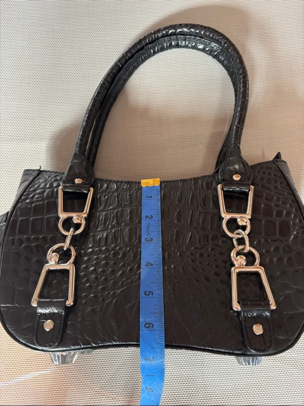 Debbie Brooks Black Croc-Embossed Women's Handbag with Gold Floral Accent